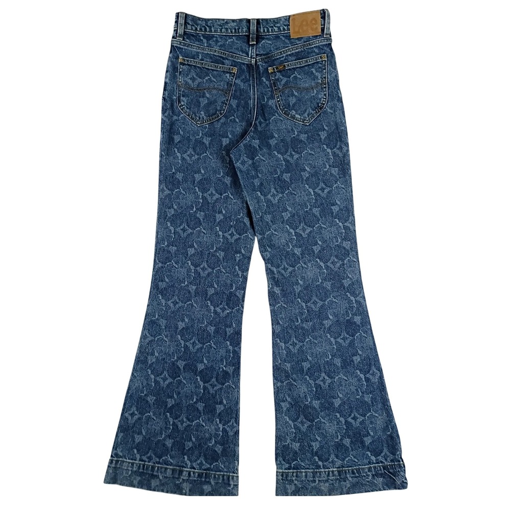 Lee Floral Monogram Flare Jeans Women 26 28X32 Blue Denim High Rise Retro Hippie